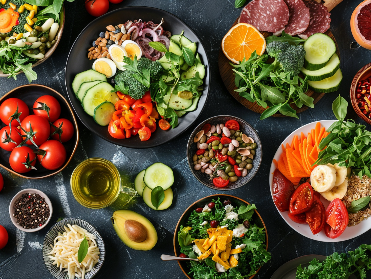 Різноманітні свіжі продукти та збалансовані страви